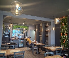 View toward the counter with pendant lighting