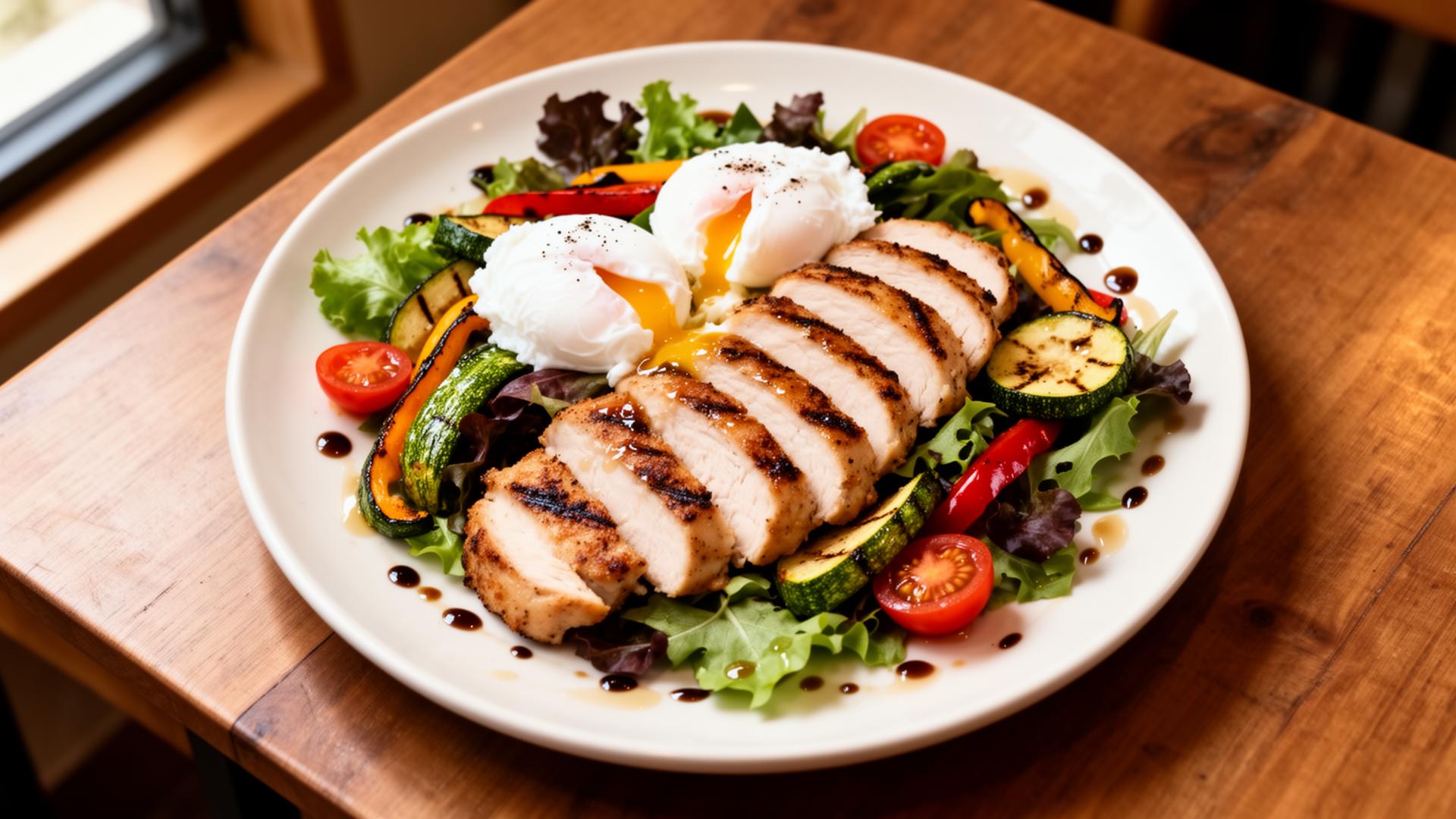 A warm chicken salad with poached eggs and grilled vegetables at Cafe V76