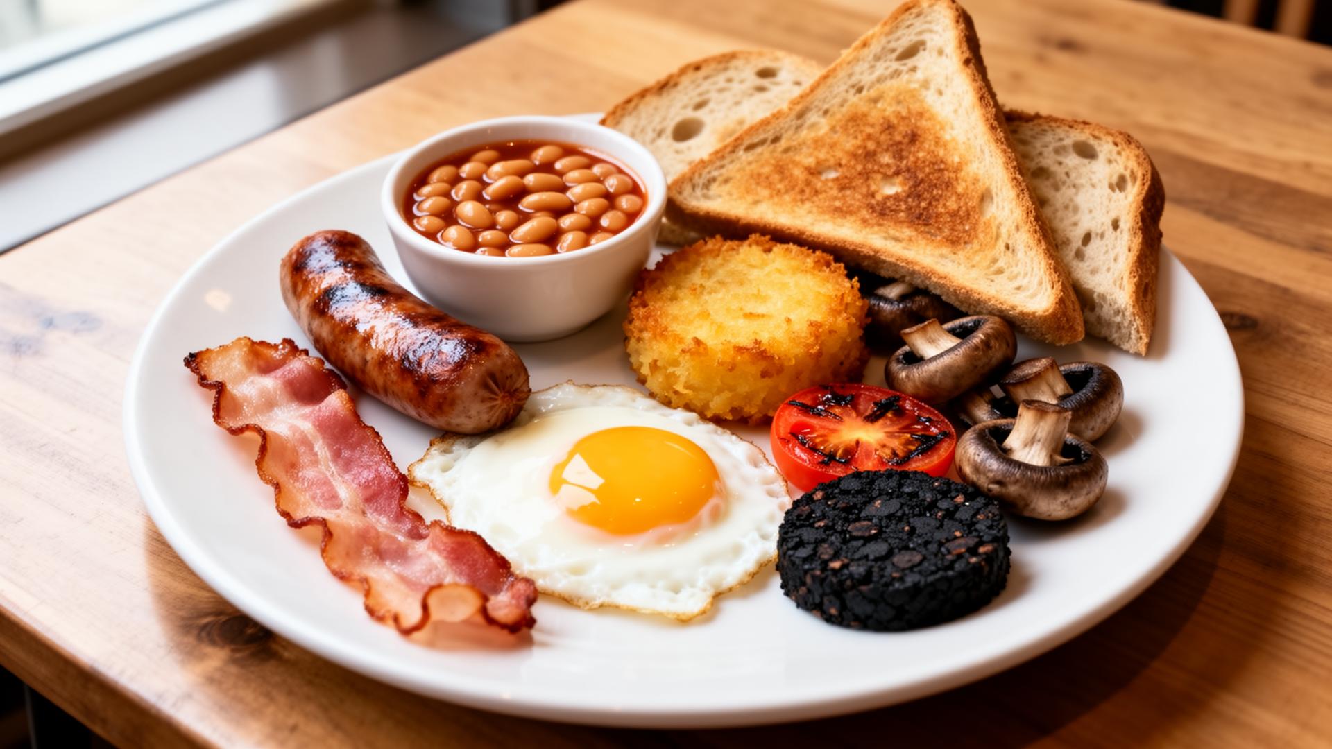 The full English at Cafe V76 — bacon, fried egg, beans, hash brown and toast on a white plate