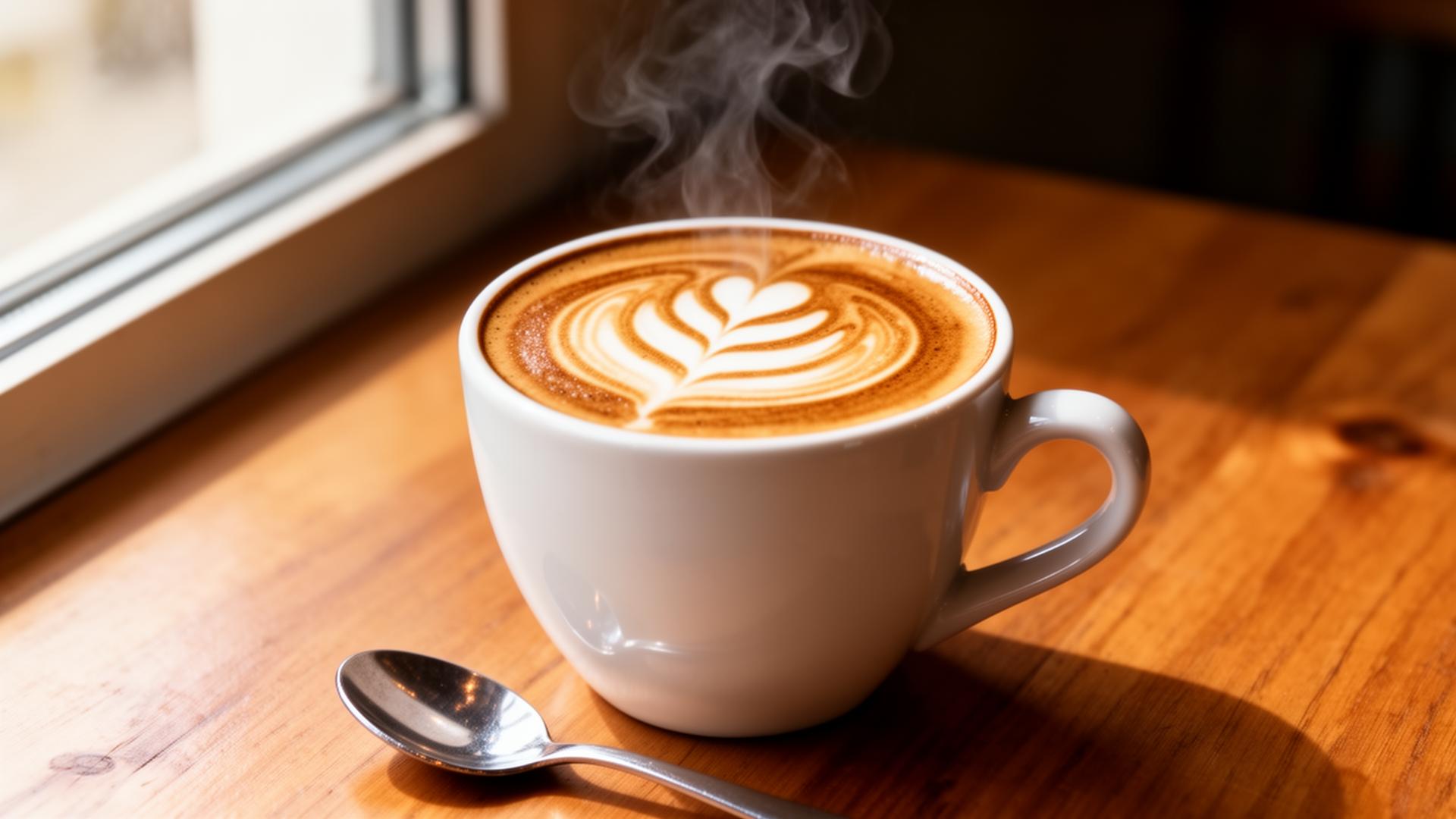 A latte in a cup on a wooden table at Cafe V76
