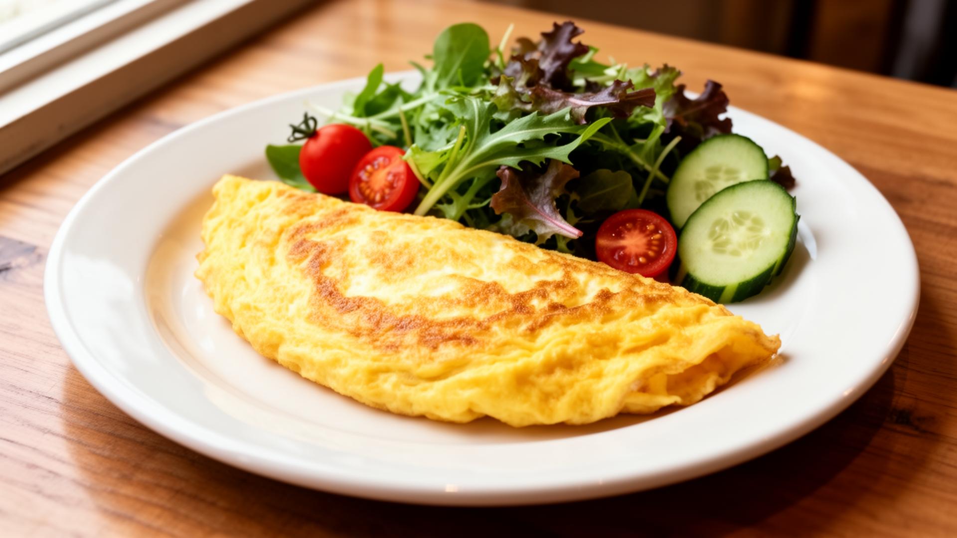 An omelette served with fresh salad on a white plate at Cafe V76